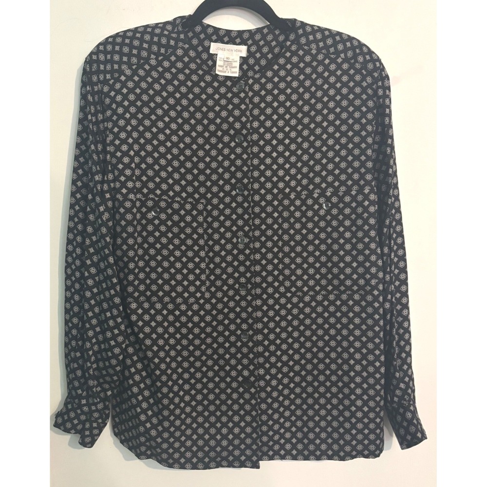 Vintage 90s Button Up Round Neck Blouse Blazer Long Sleeve Black White Sz 10